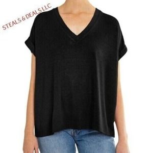 Mod Ref Women's Rolled Cuff Short Sleeve V-Neck Top Black Small